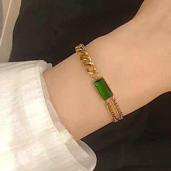 Gold 18K GP Emerald Green Chain Link Bracelet - Picture 7 of 11